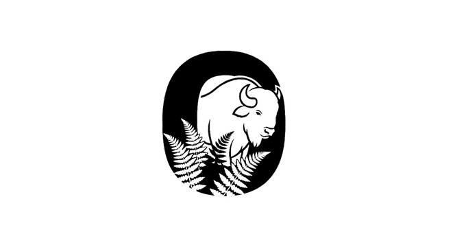 Bison head silhouette with fern leaves design.