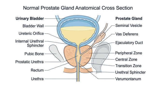Anatomical cross section of a normal human prostate gland with labels