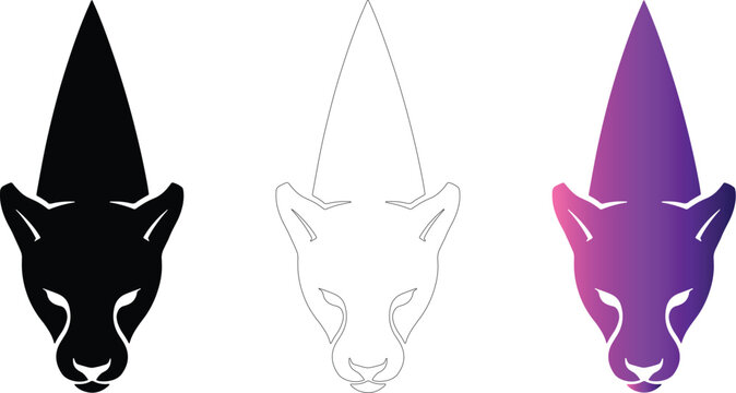 Minimalist panther head and dagger logo set with silhouette outline and gradient vectors