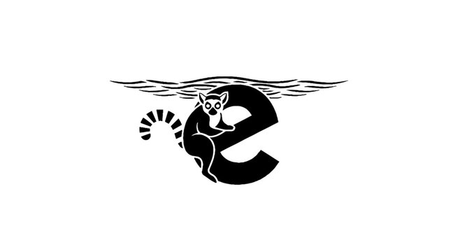 Elegant black and white letter e with artistic swirl design.