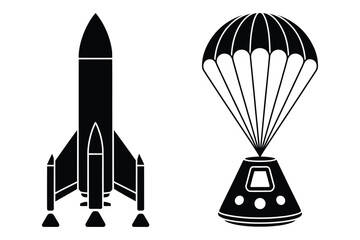Space exploration icons featuring a vertical rocket launch vehicle and a landing © Sadek