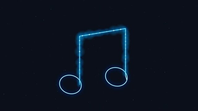 A glowing blue neon musical eighth note symbol glows in the dark.
