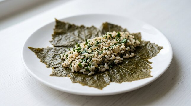 Waraq Ainab Stuffed Vine Leaves Unrolled Showing Rice Herb Filling &ndash; Egyptian Dolma White Plate Macro Photo
