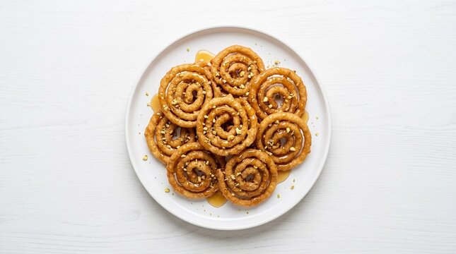 Zalabia Egyptian Fried Dough Spirals Drizzled with Honey on White Plate &ndash; Sweet Dessert Overhead Studio