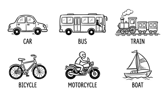 Hand drawn transport doodle set, car bus train bicycle motorcycle boat, black ink sketch vector illustration