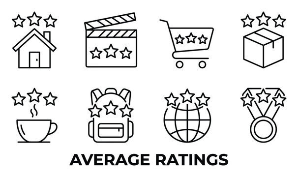Average ratings icons showing star ratings for various items like houses movies shopping bags and boxes.