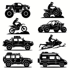 Collection of various off-road vehicles and recreational vehicles, including a monster truck, ATV, dirt bike, dune buggy, SUV, snowmobile, and van. © Bismillah