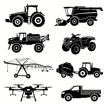 Collection of agricultural and farming machinery icons, including a tractor, combine harvester, sprayer, ATV, irrigation system, baler, drone, and pickup truck.