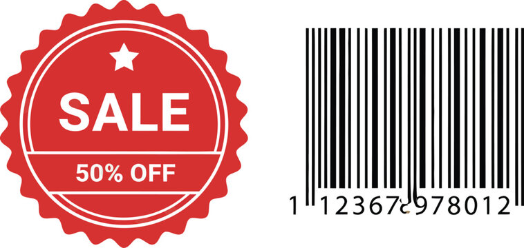 Red Sale 50% Off Discount Sticker and Product Barcode Isolated on White Background