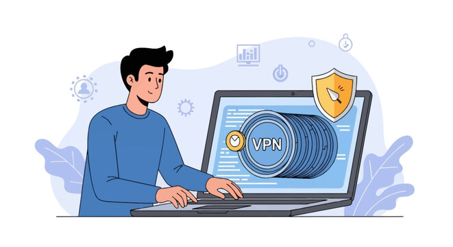 A male character using a laptop computer featuring a VPN icon and a protective shield for cyber security, representing data encryption and safe anonymous web browsing concept.