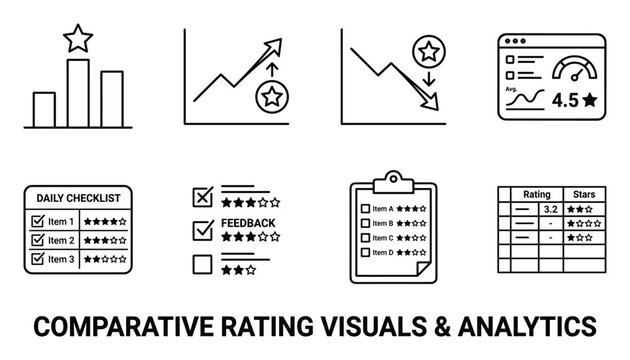 Comparative rating visuals and analytics, including charts, checklists, and tables.