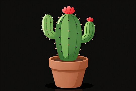 A green cactus in a brown pot with a red flower