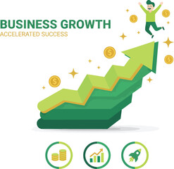Naklejka premium Business Growth and Accelerated Success Concept with Rising Arrow and Happy Businessman