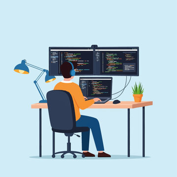 Flat vector illustration of a male software developer working at a desk with two large monitors and a laptop displaying code, wearing headphones in a home office setting.