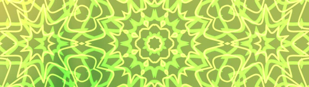 Vibrant abstract kaleidoscopic pattern in green and yellow tones featuring symmetrical floral and geometric motifs. Energetic ornamental composition with glowing lines, radial symmetry, and decorative