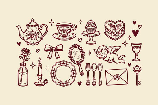 Set of cute vintage romantic items including teapot cup cupcake heart box cupid mirror rose candle envelope and key hand drawn sketch illustration Vector