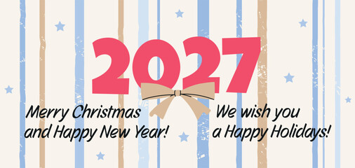 Minimalist horizontal greeting card banner for Happy New Year 2027 and Merry Christmas celebrations. Featuring big bold pink numbers decorated with a beige ribbon bow, typography text, and scattered b © Oksana