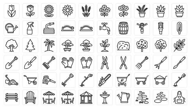 Gardening tools and furniture icons.