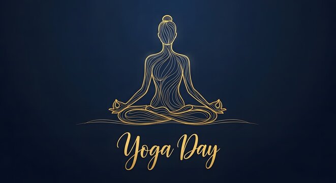 Happy yoga day golden line art of woman in lotus pose for wellness concepts