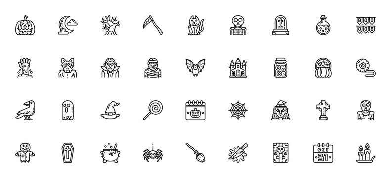 Halloween icon set. Vector illustration. Spooky collection including jack o lantern, moon, skeleton, bat, ghost, witch, zombie, werewolf, dracula, mummy and more.