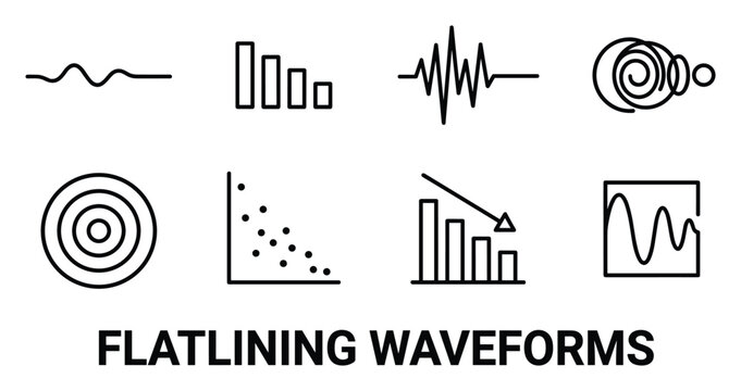 Flatlining waveforms icons set vector heartbeat signal graph data line chart scatter plot.
