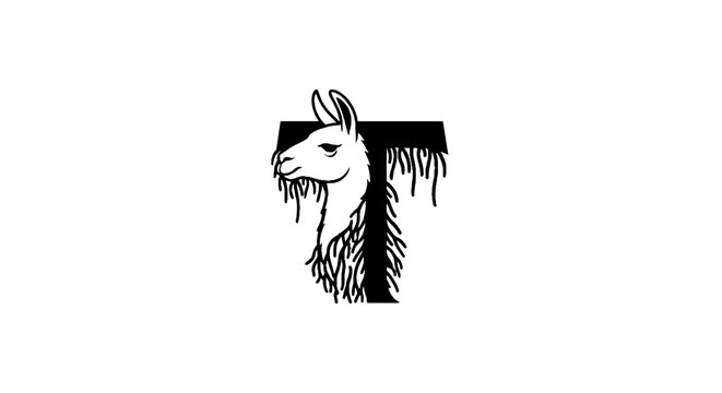 Black and white illustration of a stylized llama head.