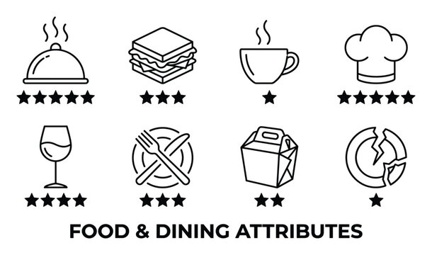 Food dining attributes rating stars icons set for restaurant and cafe reviews vector.
