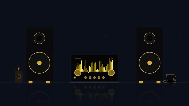 A futuristic music player setup with speakers and a screen display