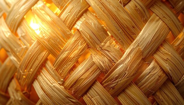 Close-up of woven straw texture with warm light creating depth and detail.
