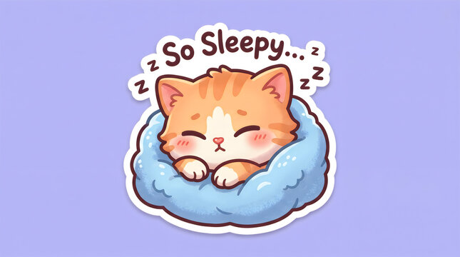 Adorable orange cat sleeping on blue pillow with so sleepy text