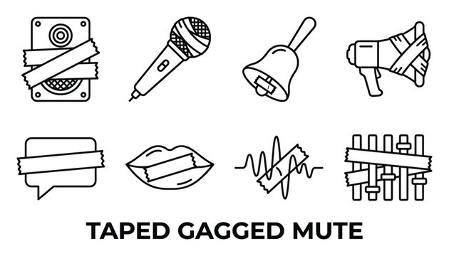 Taped gagged mute objects icons vector set with speaker microphone bell megaphone speech bubble lips.