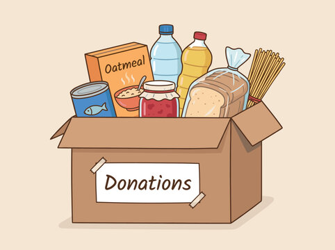 Cardboard box filled with various food items for charity donation