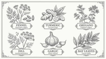 Vintage botanical collection of culinary herbs and spices © aa