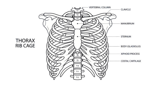 Human thorax rib cage anatomy diagram with labeled parts