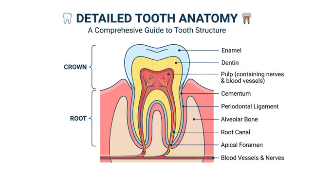 Detailed human tooth anatomy infographic with labels