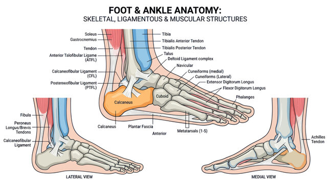 Human foot and ankle anatomy with skeletal and muscular structures