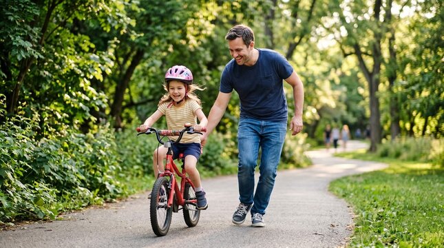 Inspiring Father's Day lifestyle image capturing a father supporting his child while learning to ride a bicycle.