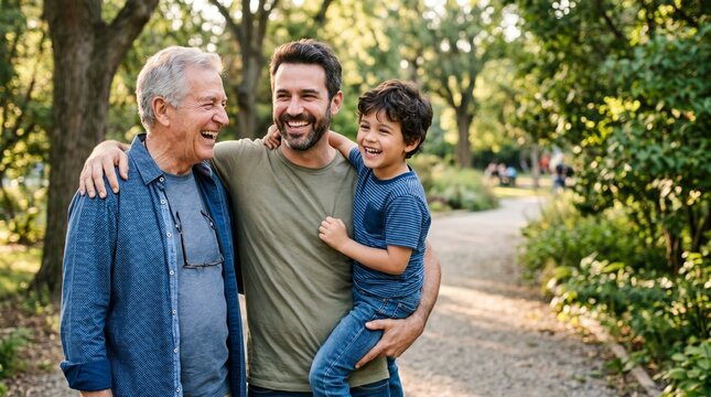 Authentic portrait of grandfather, father, and son together, highlighting family bonds across generations.
