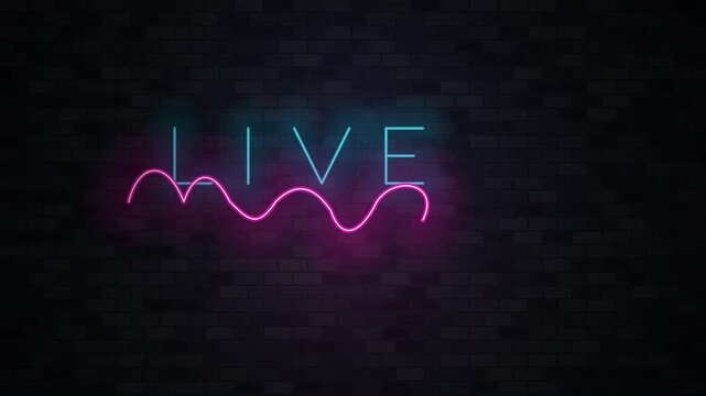 Neon sign with pink and blue lights reads LIVE on dark background