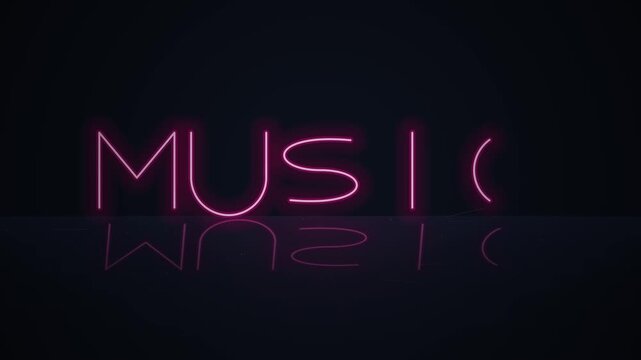 A neon sign reading Music shines brightly on a reflective surface at night