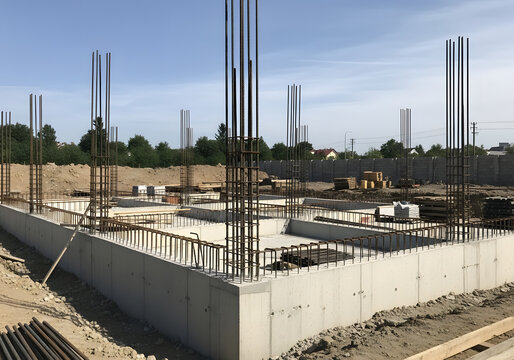 A construction site with a concrete foundation and steel rebar standing tall amidst a landscape of urban development and industrial growth.