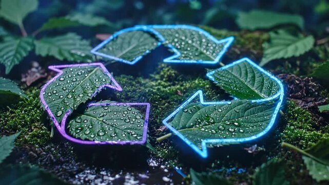 Glowing recycling symbol made of green leaves, surrounded by moss and forest elements, representing environmentalism and sustainability, eco-friendly, nature conservation, green technology