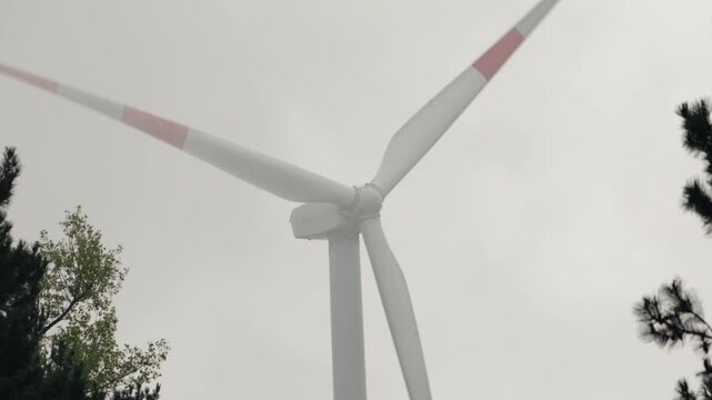 Low-angle view of a large wind turbine with its propeller blades rotating to generate clean, sustainable, and alternative power against a cloudy and foggy sky, with trees framing the shot