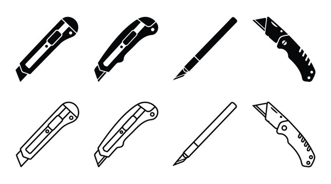 Utility Knives And Pens Black Line Silhouette On White Background