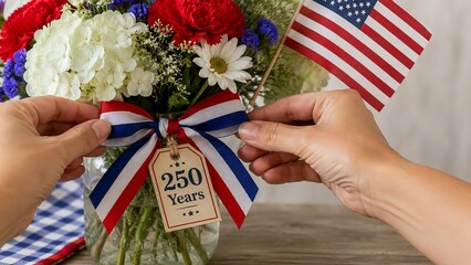 Obraz premium Woman decorating flower bouquet with ribbon and national tag for Independence Day celebration. Festive floral arrangement with flag for anniversary of America at home interior