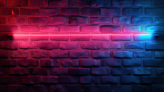 Neon light on unplastered brick walls with red and blue effect