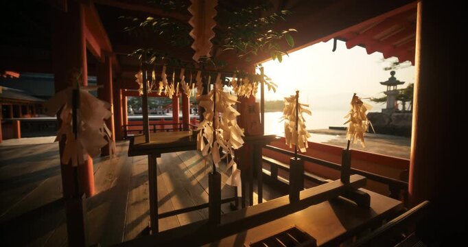 Japanese Shrine Corridor ,Omikuji Fortune Papers With Sunset Glow - Steady Cam