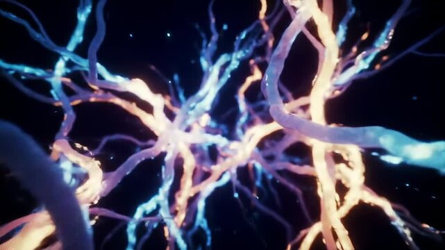 Abstract swirling network of organic glowing fibers, microscopic view of neural pathways or root system, vibrant blue and orange light particles in darkness
