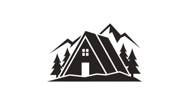 A-frame cabin in mountain forest vector icon logo