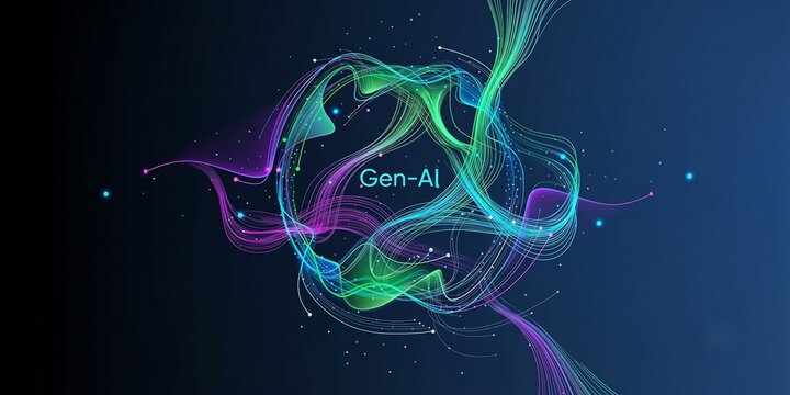 Illustration of abstract stream, AI brain concept. Artificial intelligence. Big data, technology, AI, data transfer, data flow, large language model, generative AI, LLM, NLP. NLG ai new 